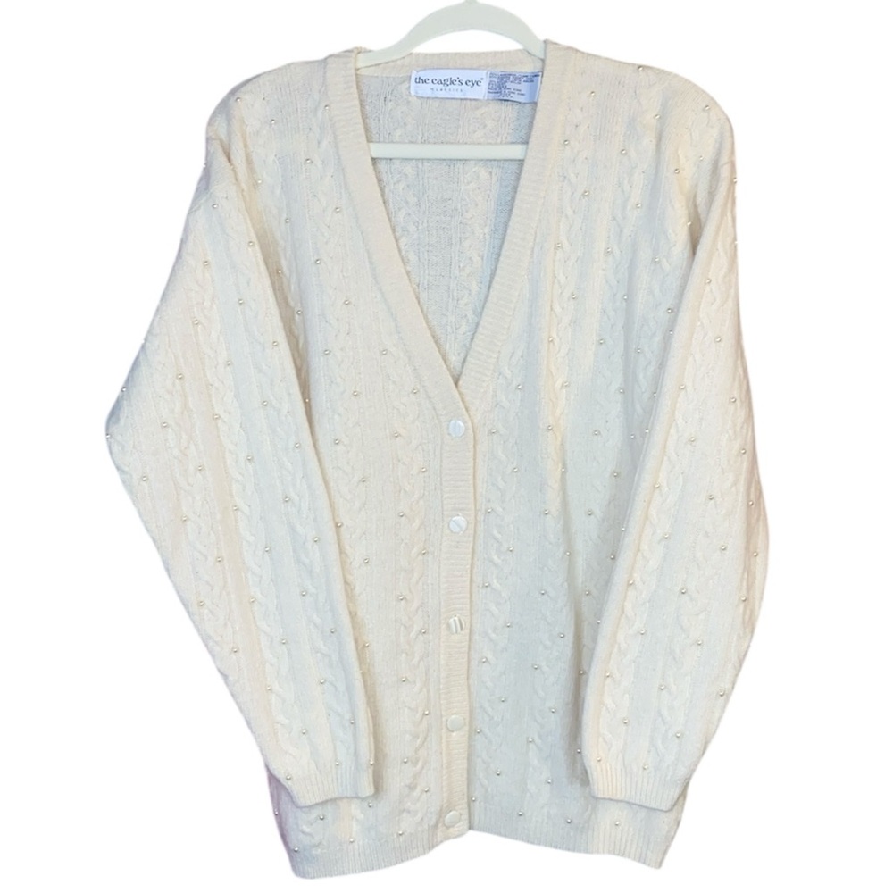 Vintage The Eagle’s Eye White Lambswool/Rabbit Fur Cardigan Sweater, Size Large